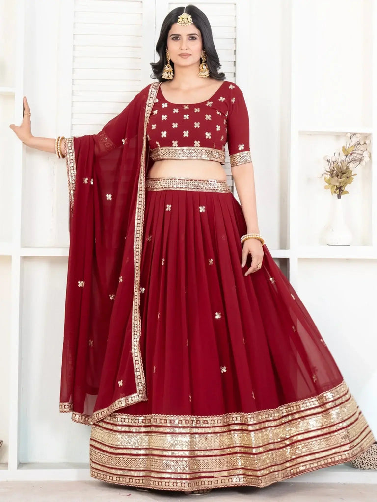 Lovely Red Sequins Georgette Bridal Lehenga Choli With Dupatta - Ethnic Plus In
