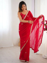 Lovely Red Silk Sequins Designer Saree With Blouse - Ethnic Plus In