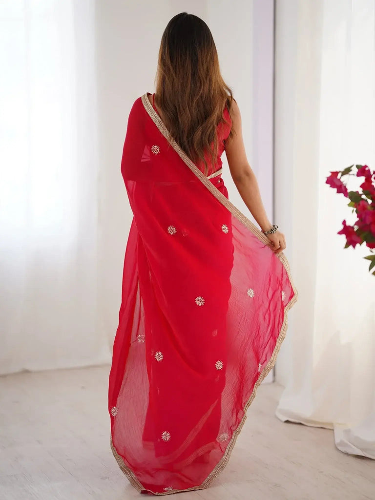 Lovely Red Silk Sequins Designer Saree With Blouse - Ethnic Plus In