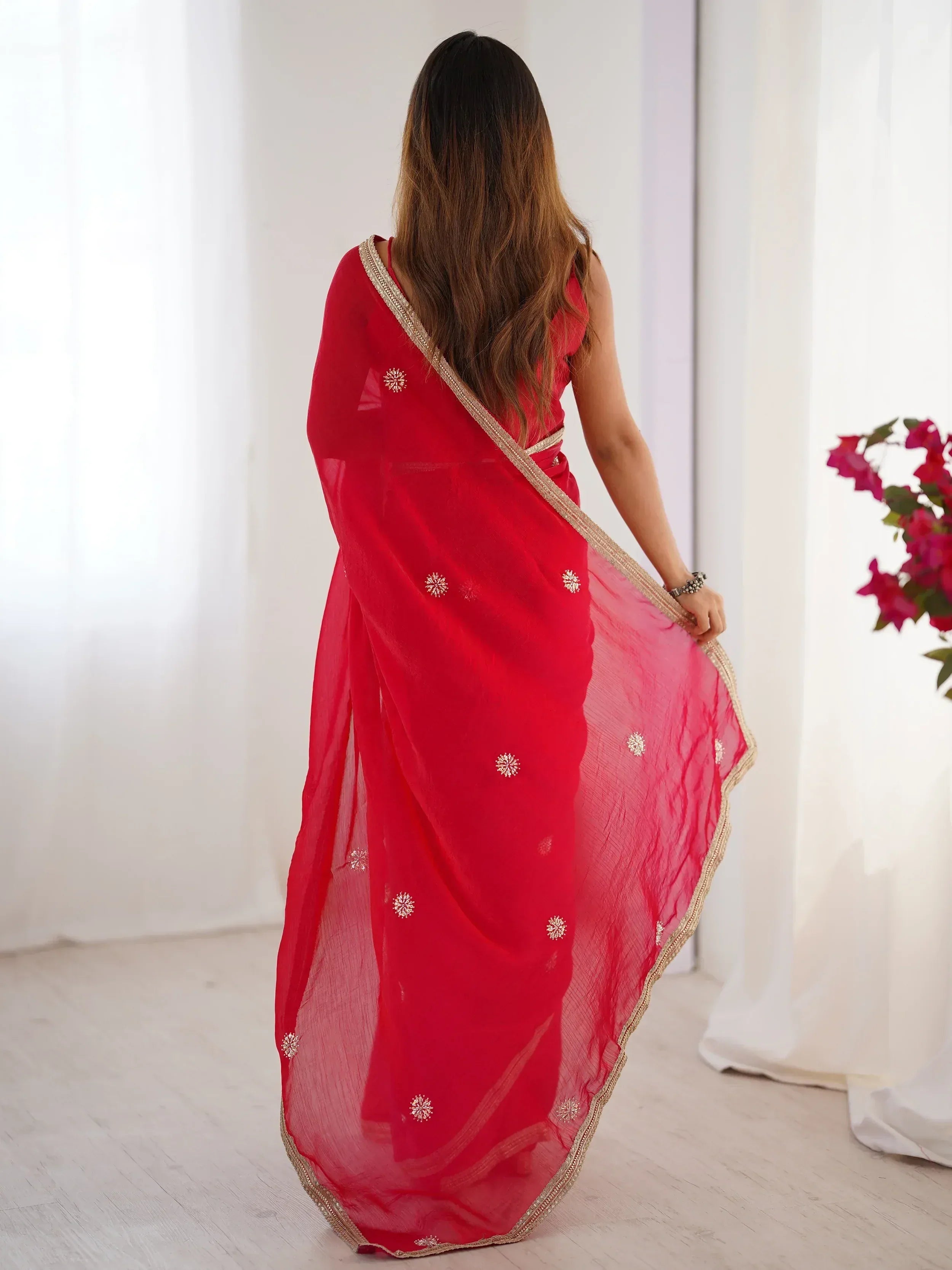 Red embroidered saree with gold border, Indian ethnic wear for women