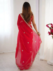 Lovely Red Silk Sequins Designer Saree With Blouse - Ethnic Plus In