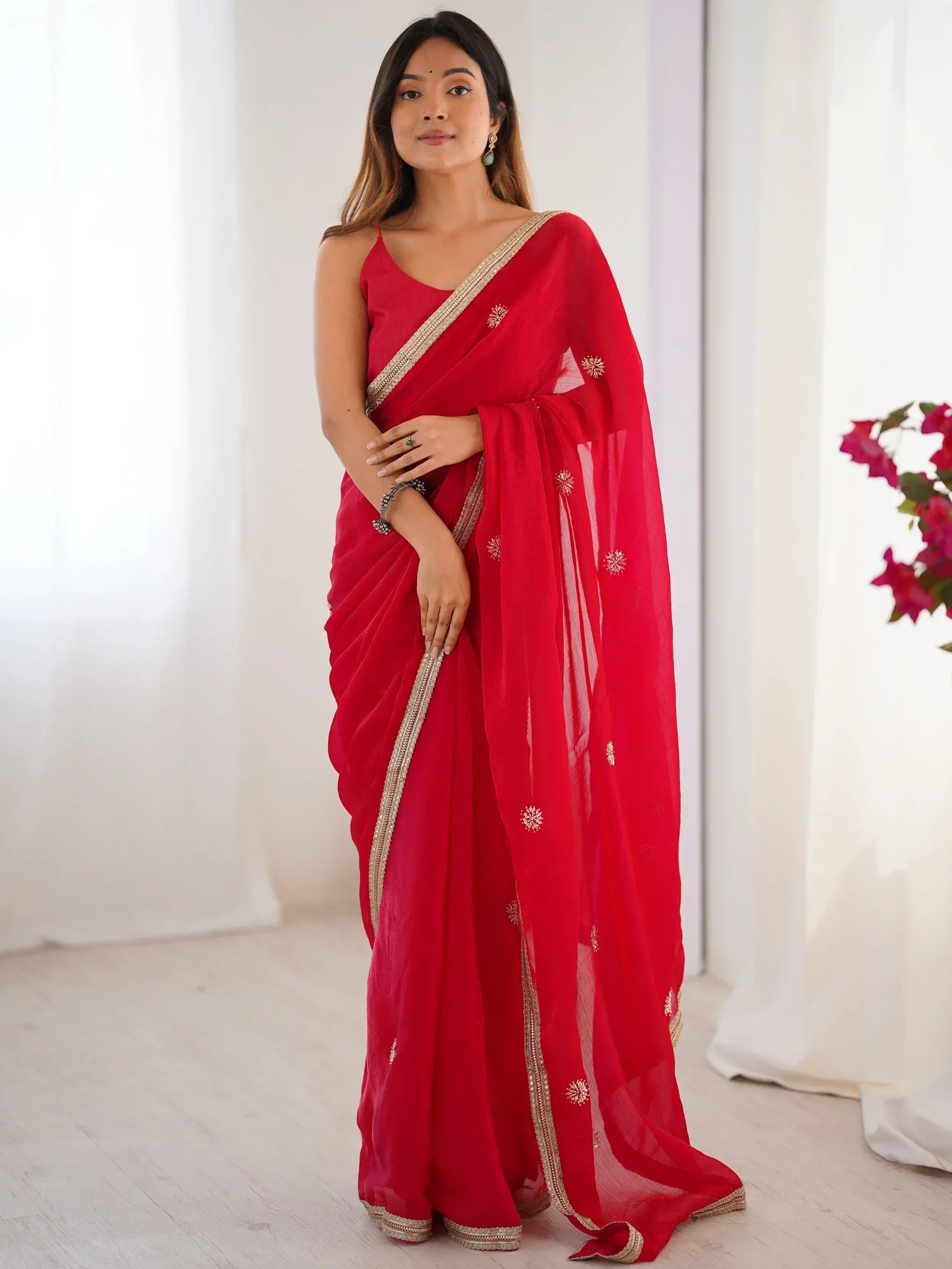 Red embroidered saree with gold border, Indian ethnic wear for women