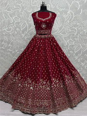 Lovely Red Thread Work Velvet Bridal Lehenga Choli With Double Dupatta - Ethnic Plus In