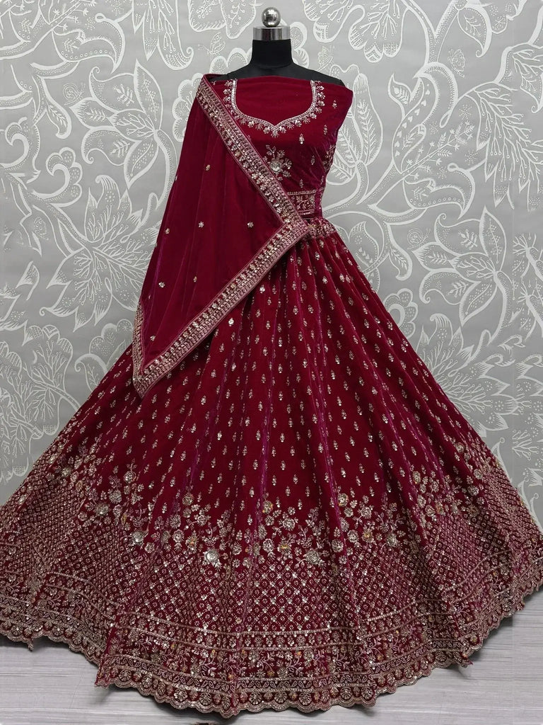 Lovely Red Thread Work Velvet Bridal Lehenga Choli With Double Dupatta - Ethnic Plus In