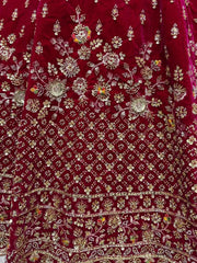 Lovely Red Thread Work Velvet Bridal Lehenga Choli With Double Dupatta - Ethnic Plus In