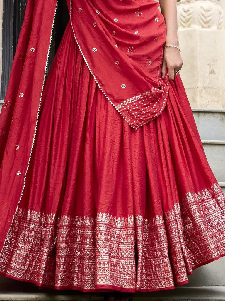 Lovely Red Zari Weaving Chanderi Silk Wedding Wear Lehenga Choli - Ethnic Plus In