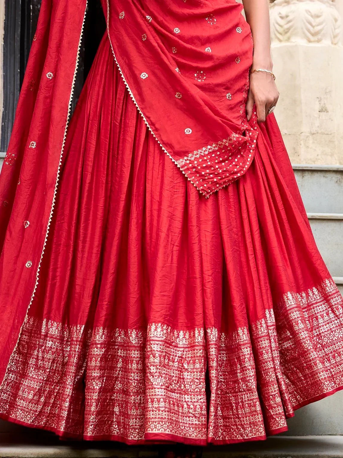 Lovely Red Zari Weaving Chanderi Silk Wedding Wear Lehenga Choli - Ethnic Plus In