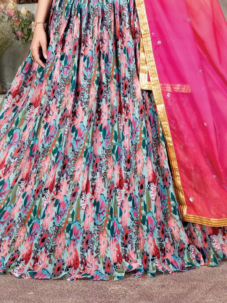 Lovely Sea Green Digital Printed Organza Sangeet Wear Lehenga Choli - Ethnic Plus In