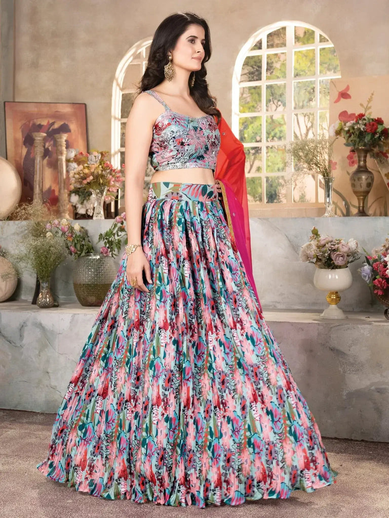 Lovely Sea Green Digital Printed Organza Sangeet Wear Lehenga Choli - Ethnic Plus In