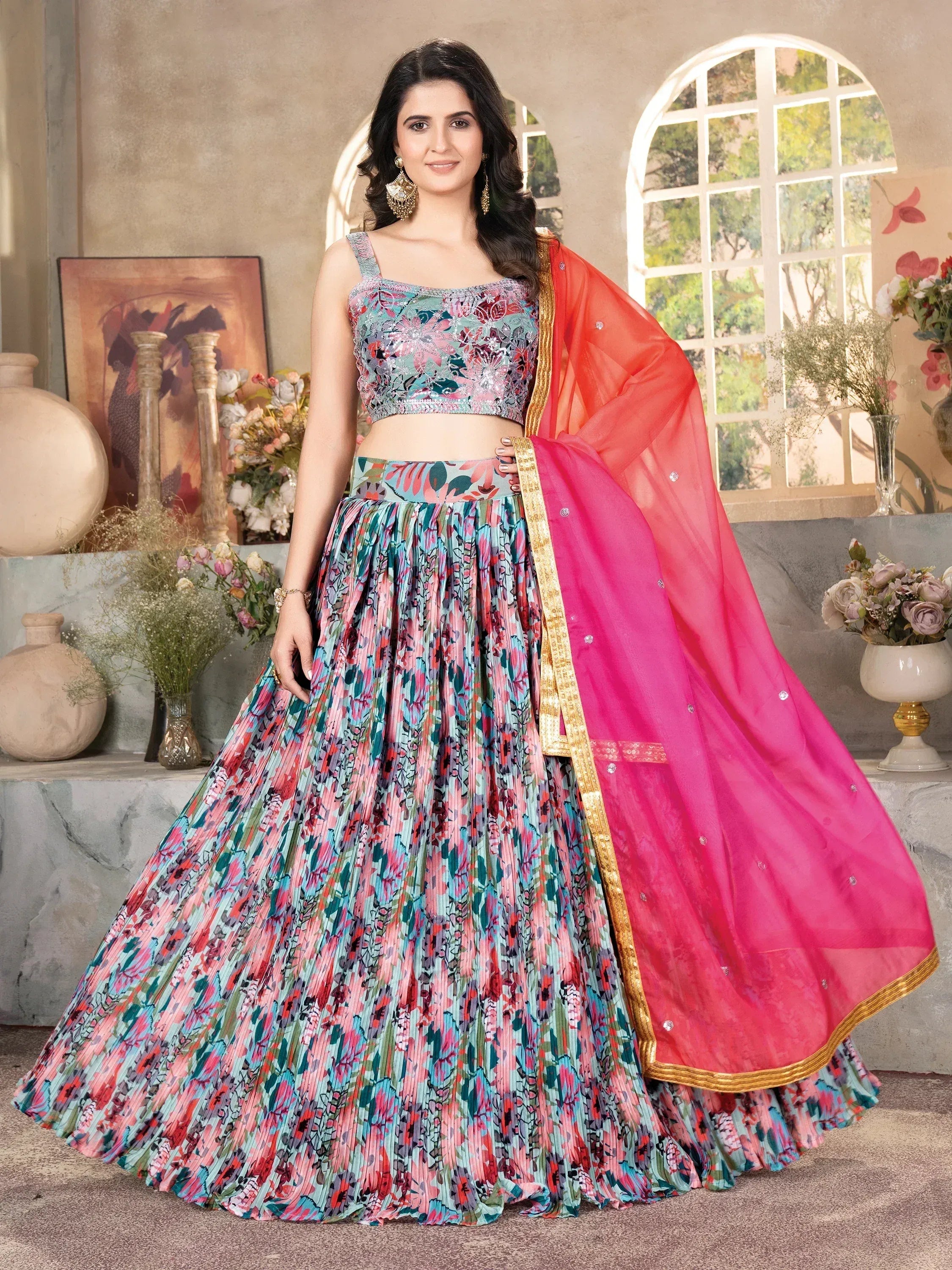 Floral print lehenga choli with pink dupatta, ethnic Indian wear for women