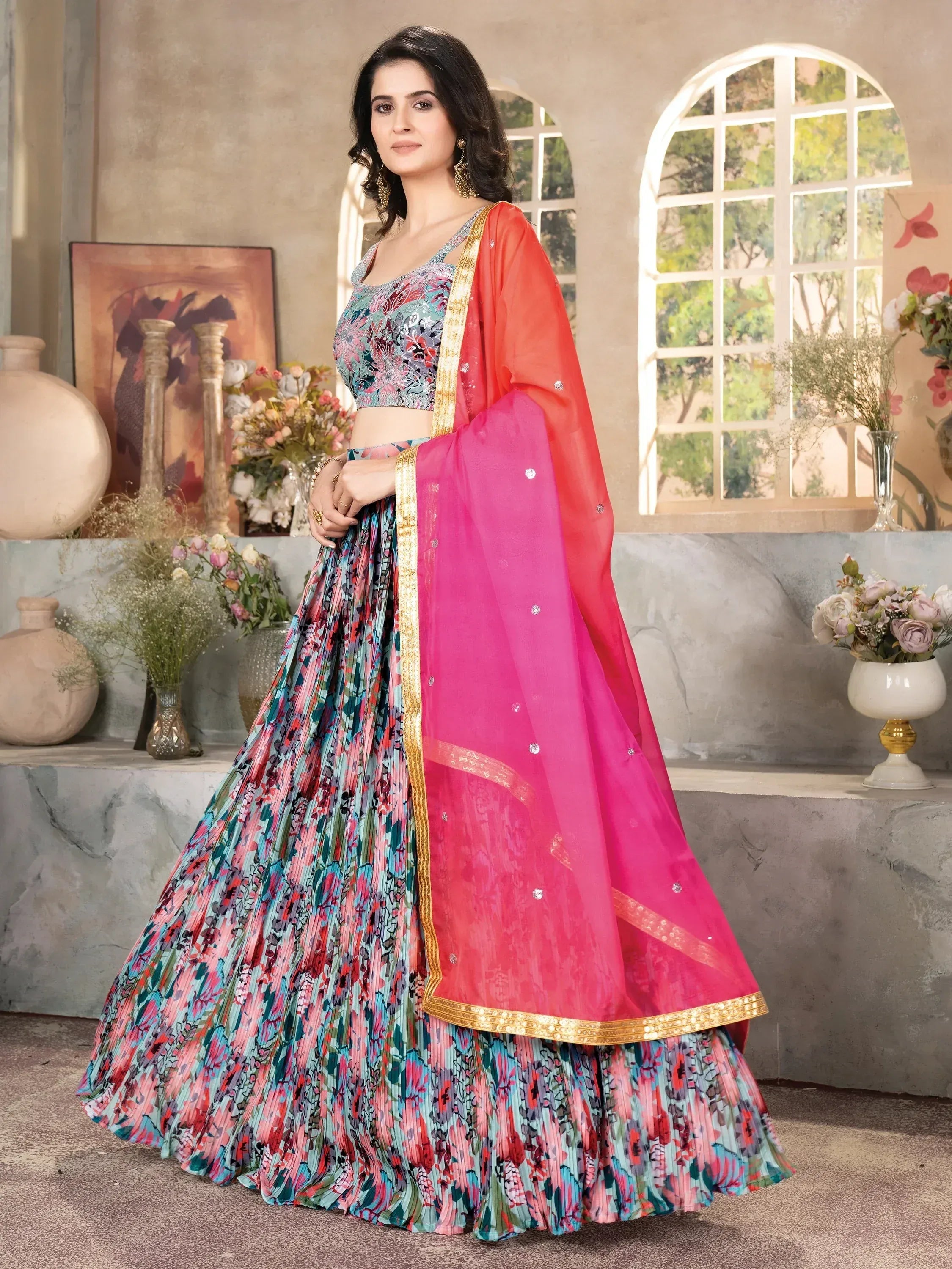 Floral print lehenga choli with pink dupatta, ethnic Indian wear for women
