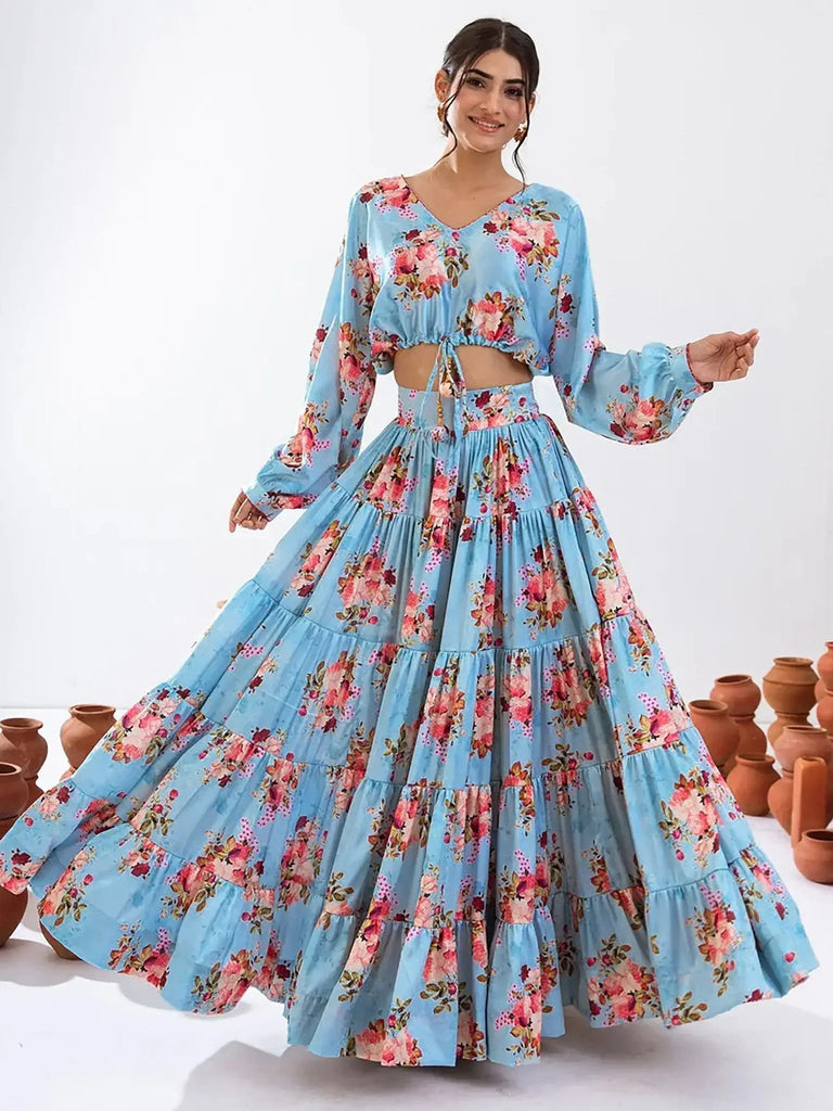 Lovely Sky Blue Floral Printed Chinon Function Wear Crop Top Lehenga - Ethnic Plus In
