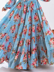 Lovely Sky Blue Floral Printed Chinon Function Wear Crop Top Lehenga - Ethnic Plus In
