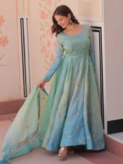 Lovely Sky Blue Zari Embroidered Traditional Gown With Dupatta - Ethnic Plus In