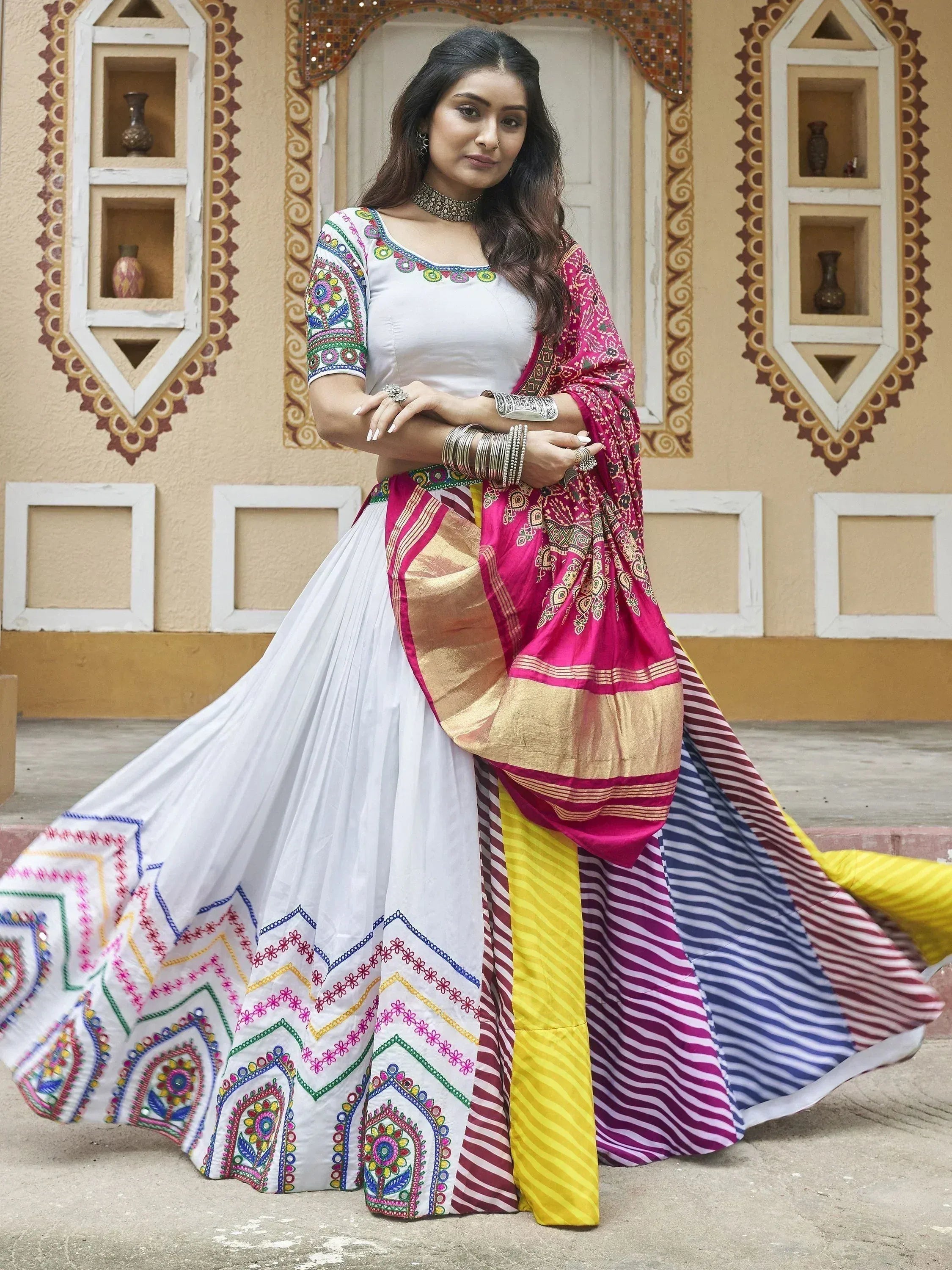 White embroidered lehenga choli with colorful dupatta, Indian ethnic wear for women