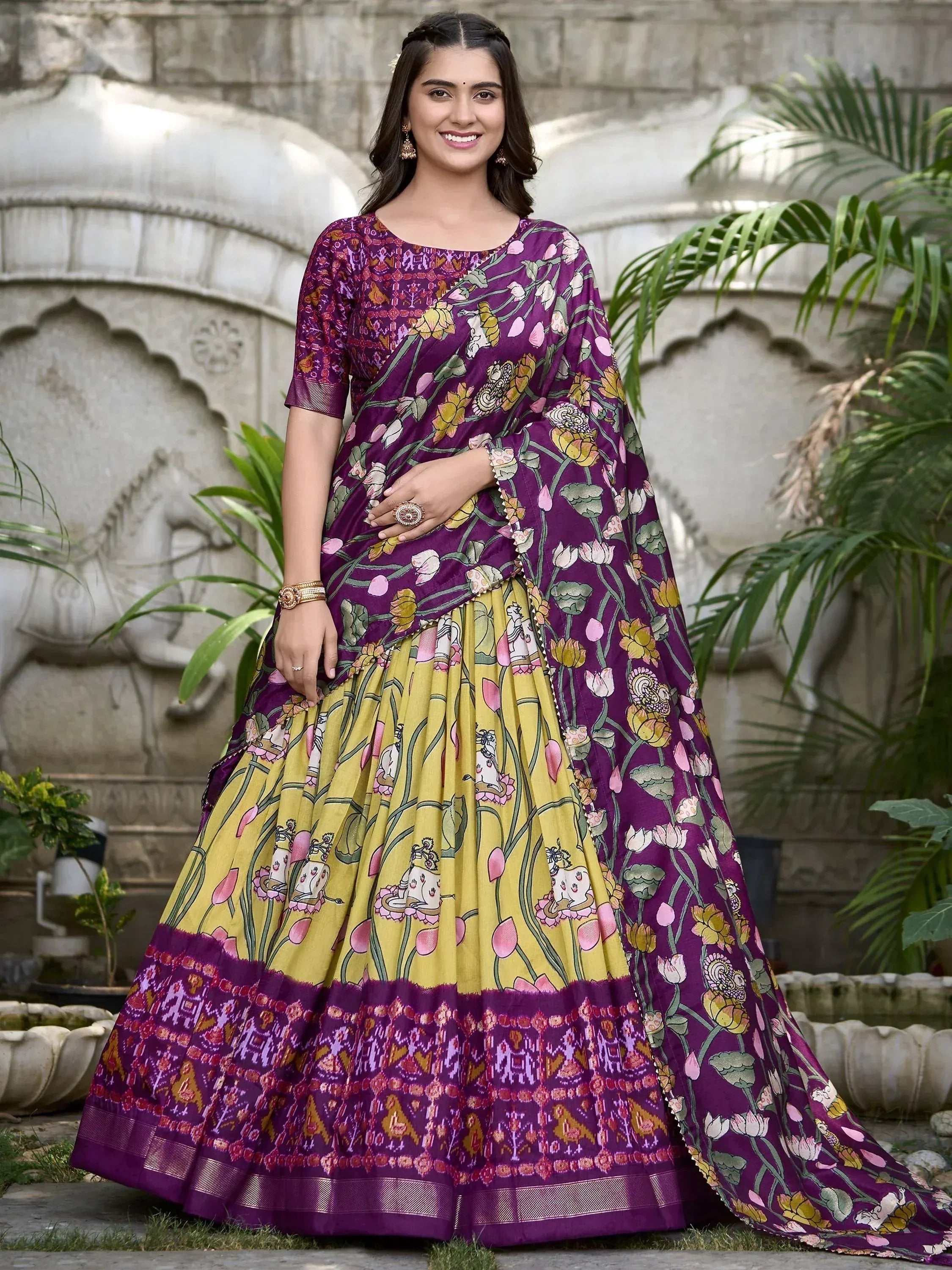 Purple and yellow floral print lehenga choli with traditional Indian ethnic wear design