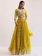 Lovely Yellow Thread Embroidered Georgette Haldi Wear Lehenga Choli - Ethnic Plus In