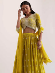 Lovely Yellow Thread Embroidered Georgette Haldi Wear Lehenga Choli - Ethnic Plus In