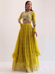 Lovely Yellow Thread Embroidered Georgette Haldi Wear Lehenga Choli - Ethnic Plus In