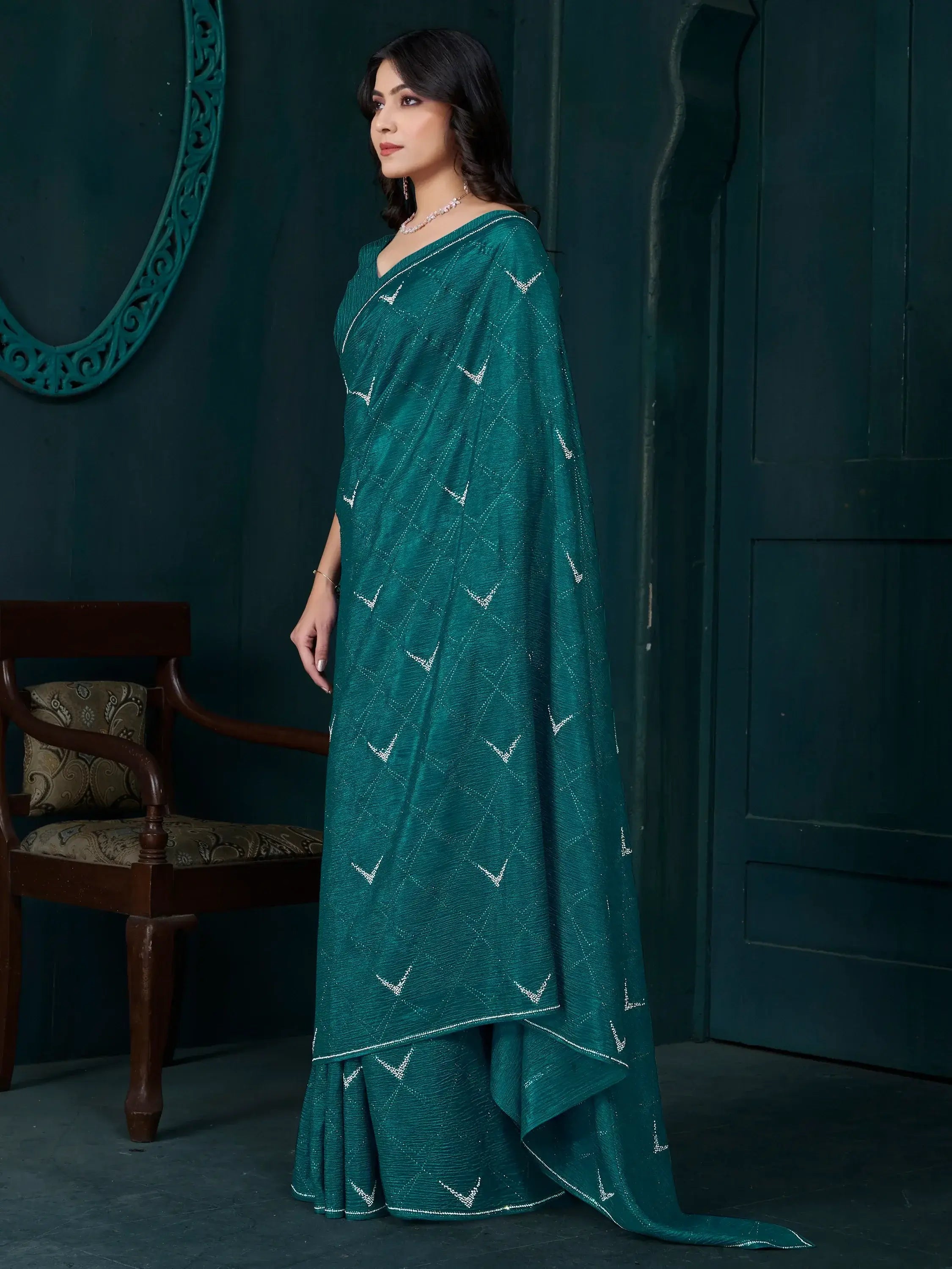 Lovely Teal Green Diamond Work Crepe Cocktail Party Wear Saree