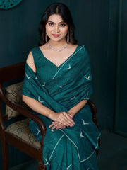 Lovely Teal Green Diamond Work Crepe Cocktail Party Wear Saree