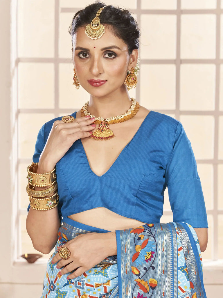 Lovely Turquoise Blue Ikkat Printed Cotton Traditional Saree With Blouse