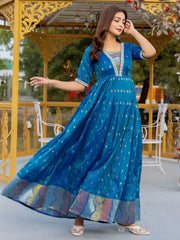 Luxurious Blue Silk Zari Weaving Festival Wear Gown - Ethnic Plus In