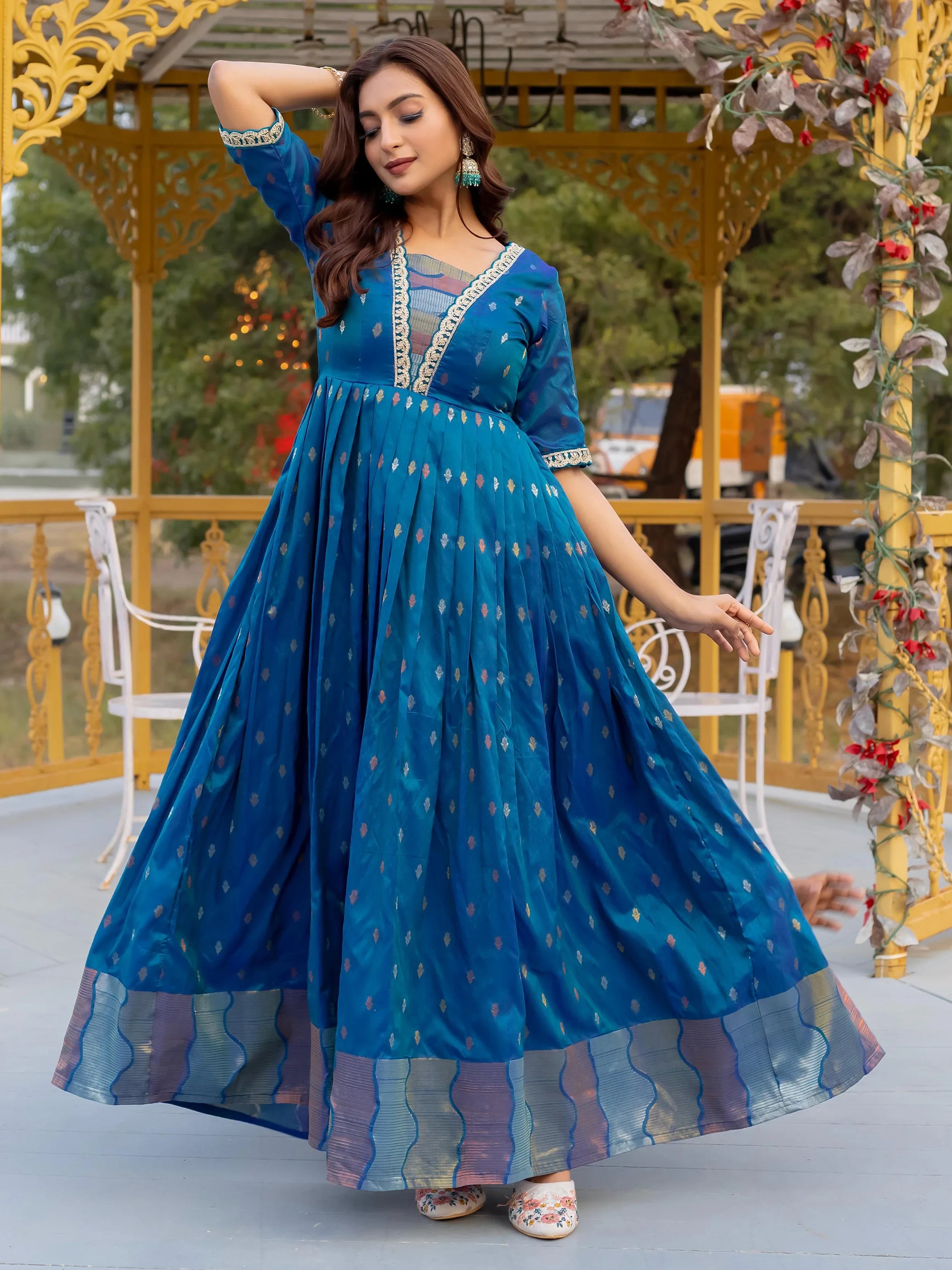 Luxurious Blue Silk Zari Weaving Festival Wear Gown - Ethnic Plus In