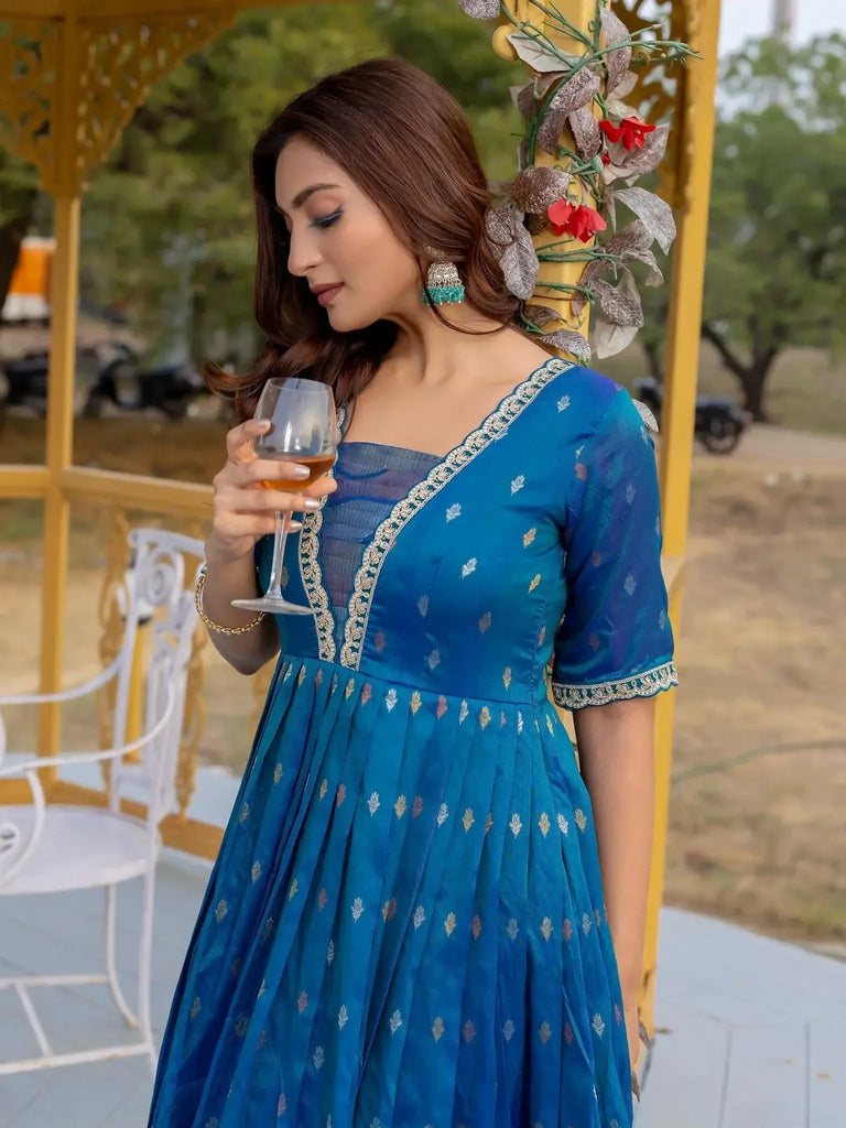 Luxurious Blue Silk Zari Weaving Festival Wear Gown - Ethnic Plus In