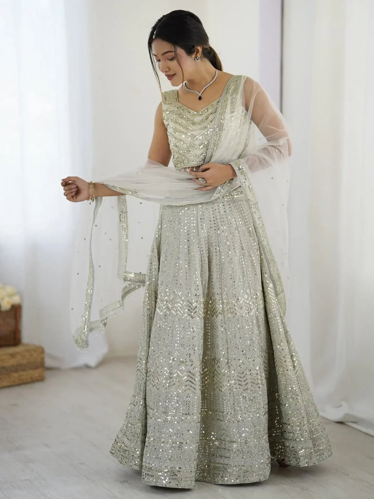 Luxurious Off White Georgette Sequins Bridemaids Lehenga Choli - Ethnic Plus In