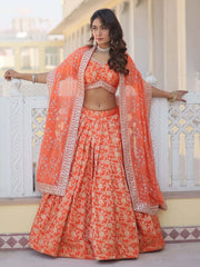 Astonishing Orange Embroidered Jacquard Wedding Wear Lehenga Choli