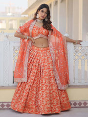 Astonishing Orange Embroidered Jacquard Wedding Wear Lehenga Choli