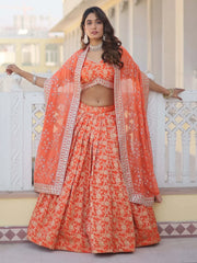Astonishing Orange Embroidered Jacquard Wedding Wear Lehenga Choli
