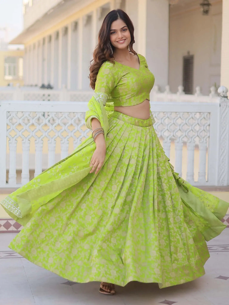 Attractive Bright Green Embroidered Jacquard Lehenga Choli