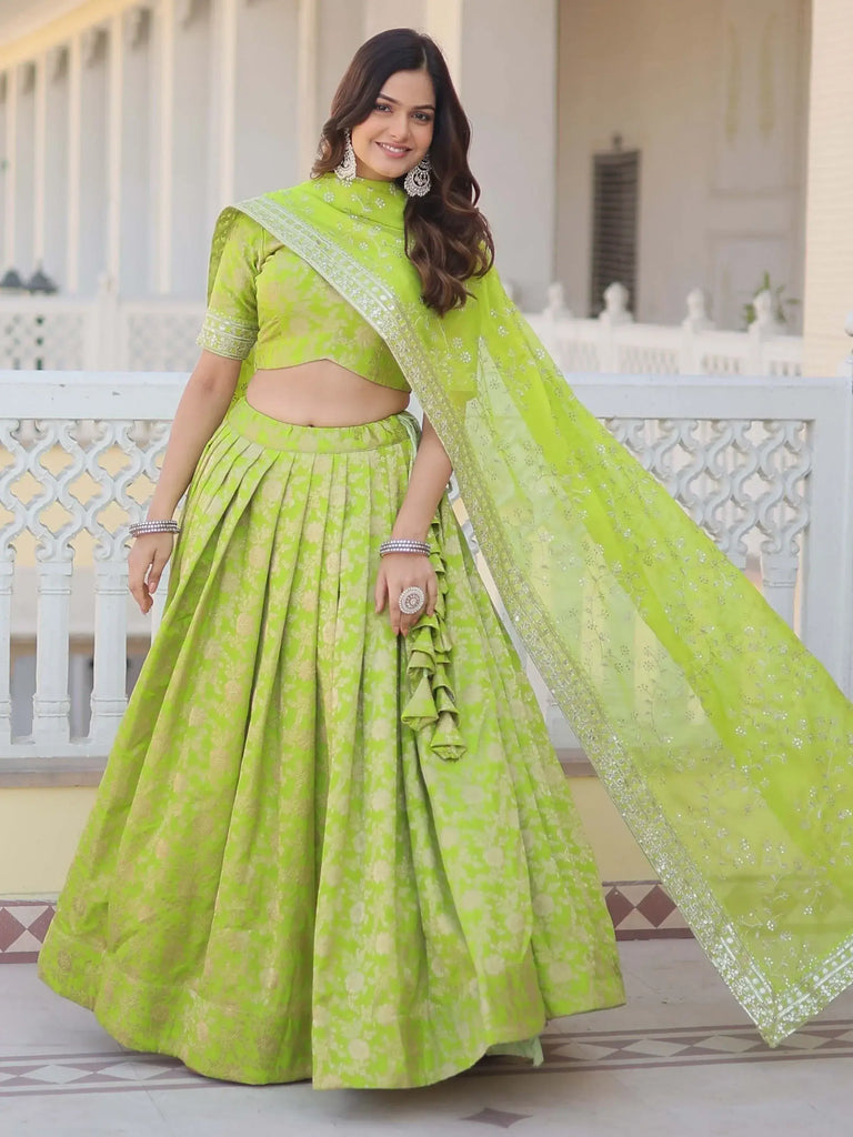 Attractive Bright Green Embroidered Jacquard Lehenga Choli