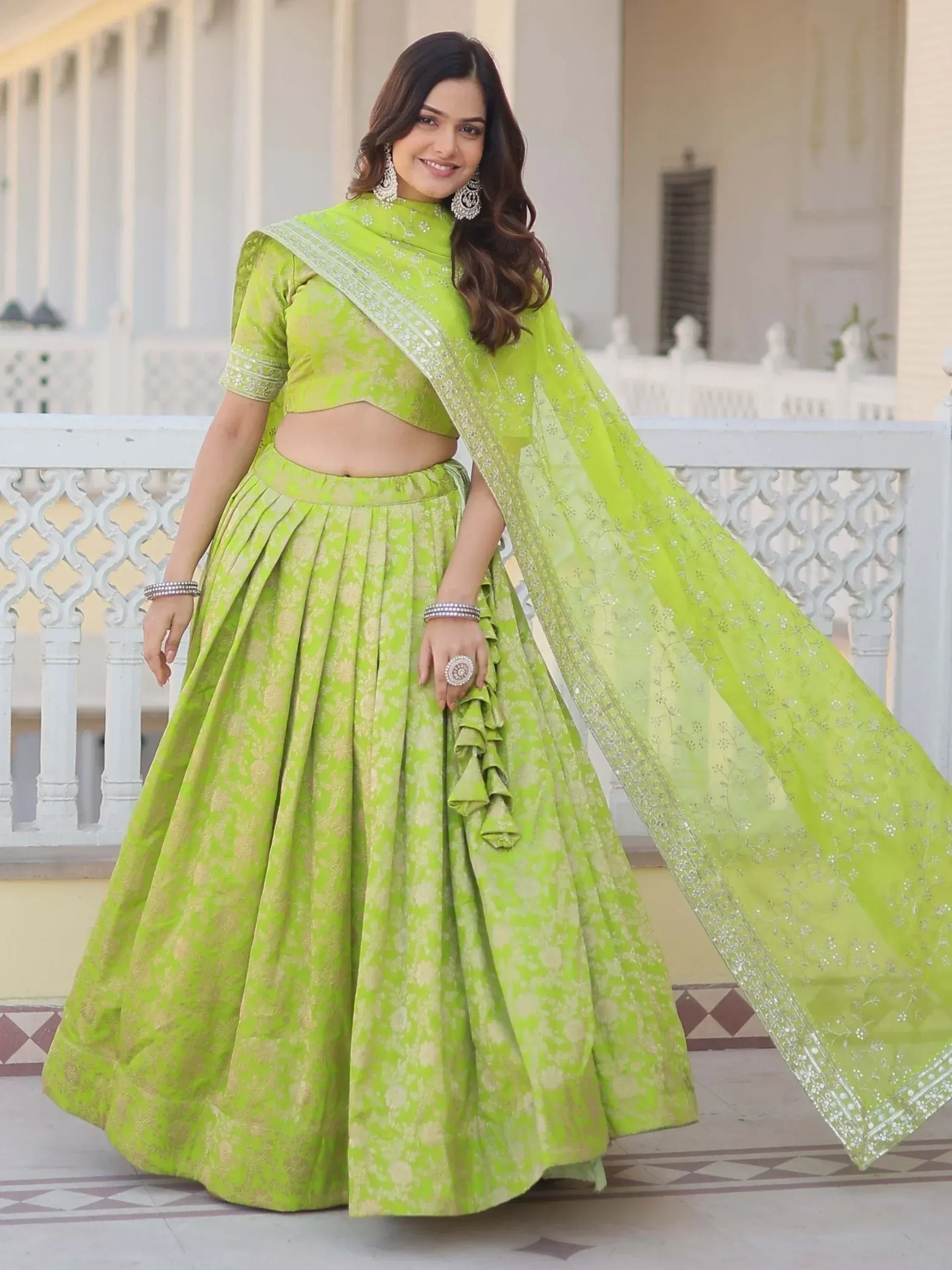 Lime green designer lehenga choli with floral print and embellished dupatta for Indian ethnic wear