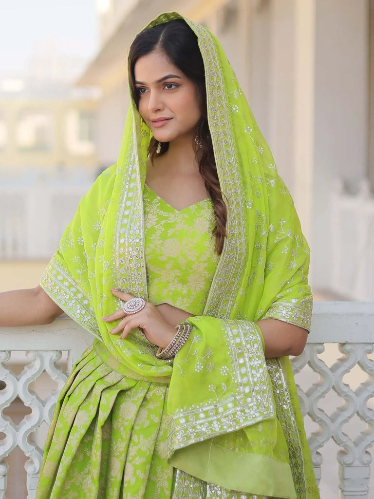 Attractive Bright Green Embroidered Jacquard Lehenga Choli