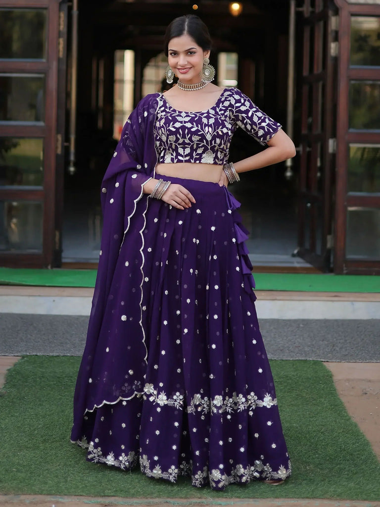 Fabulous Violet Embroidered Georgette Function Wear Lehenga Choli