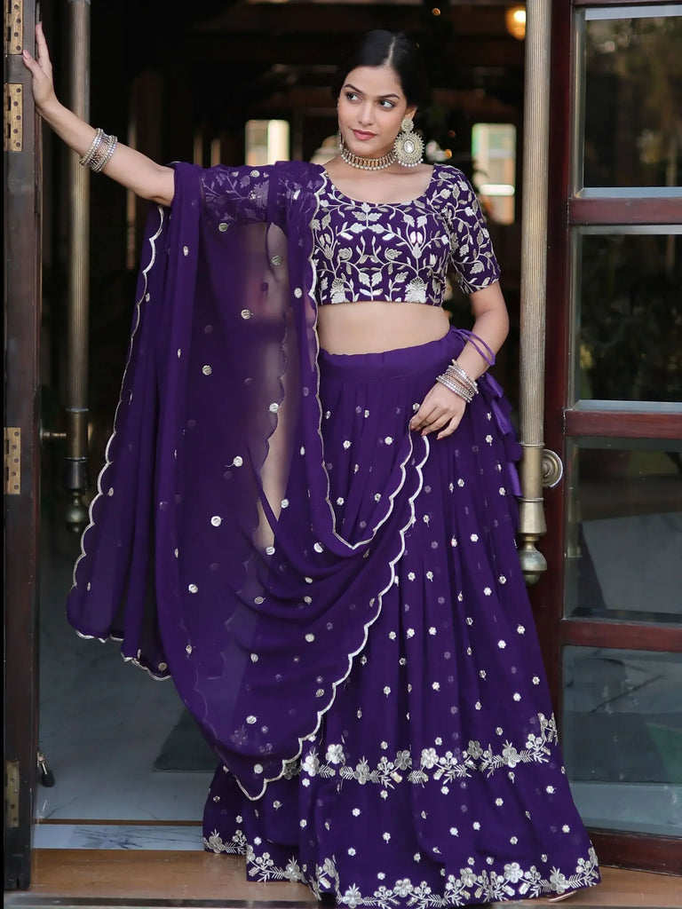 Fabulous Violet Embroidered Georgette Function Wear Lehenga Choli