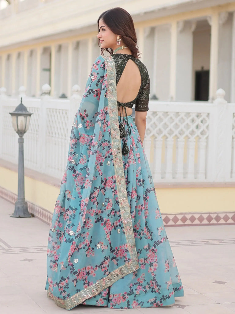 Marvelous Sky Blue Floral Printed Silk Sangeet Wear Lehenga Choli