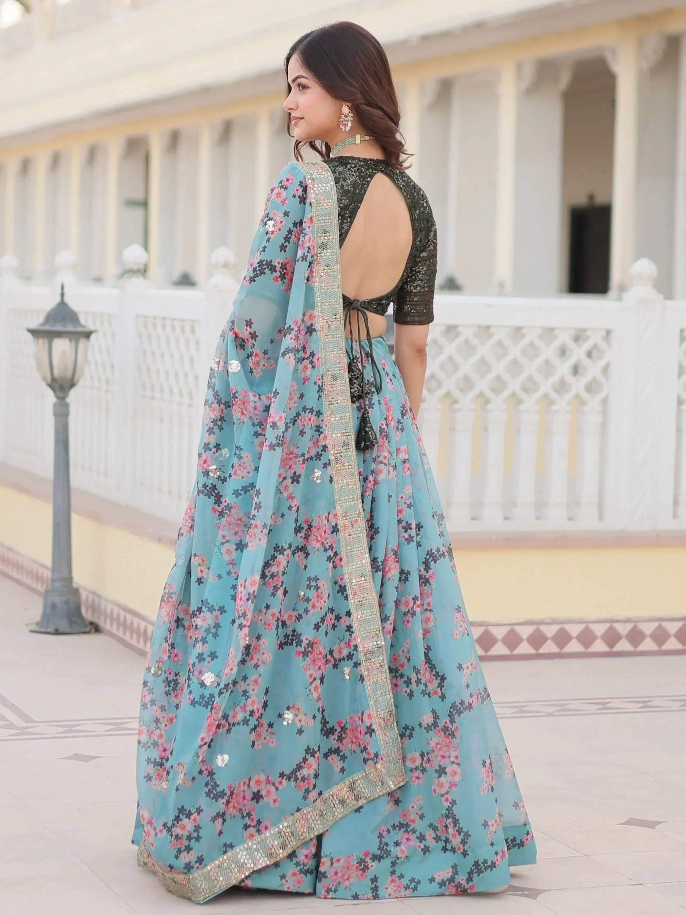Blue floral lehenga choli with sequin border and backless blouse, Indian ethnic wear