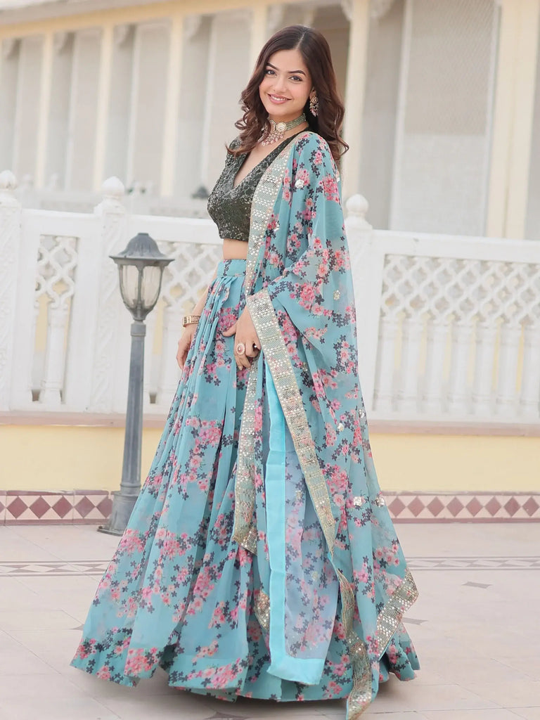 Marvelous Sky Blue Floral Printed Silk Sangeet Wear Lehenga Choli
