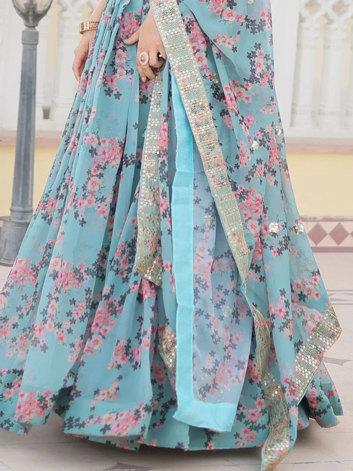 Blue floral lehenga choli with sequin border, ethnic Indian wear for women