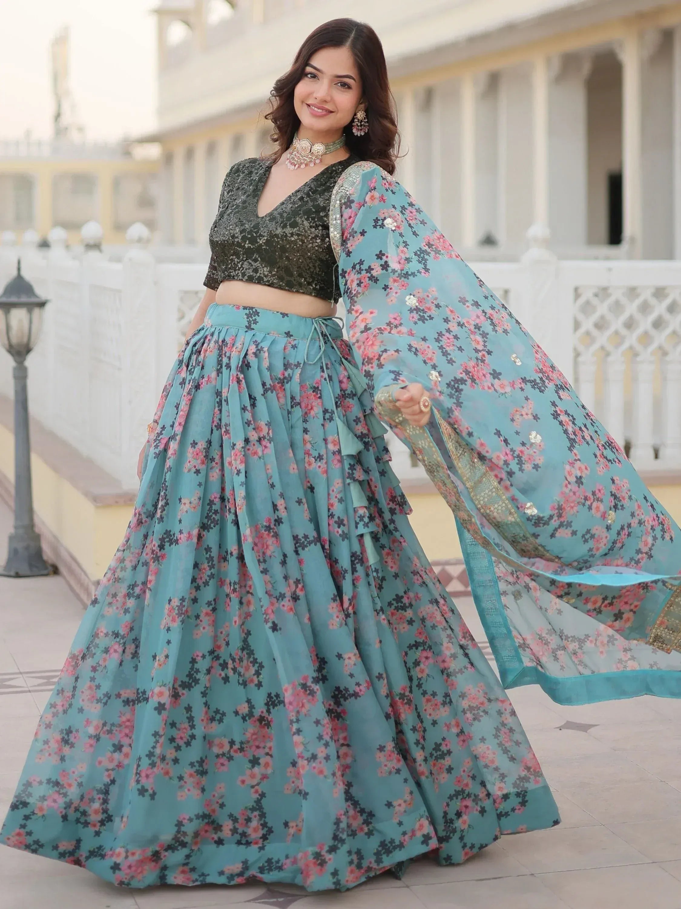 Floral print lehenga choli with sequin blouse, perfect for Indian ethnic wear occasions