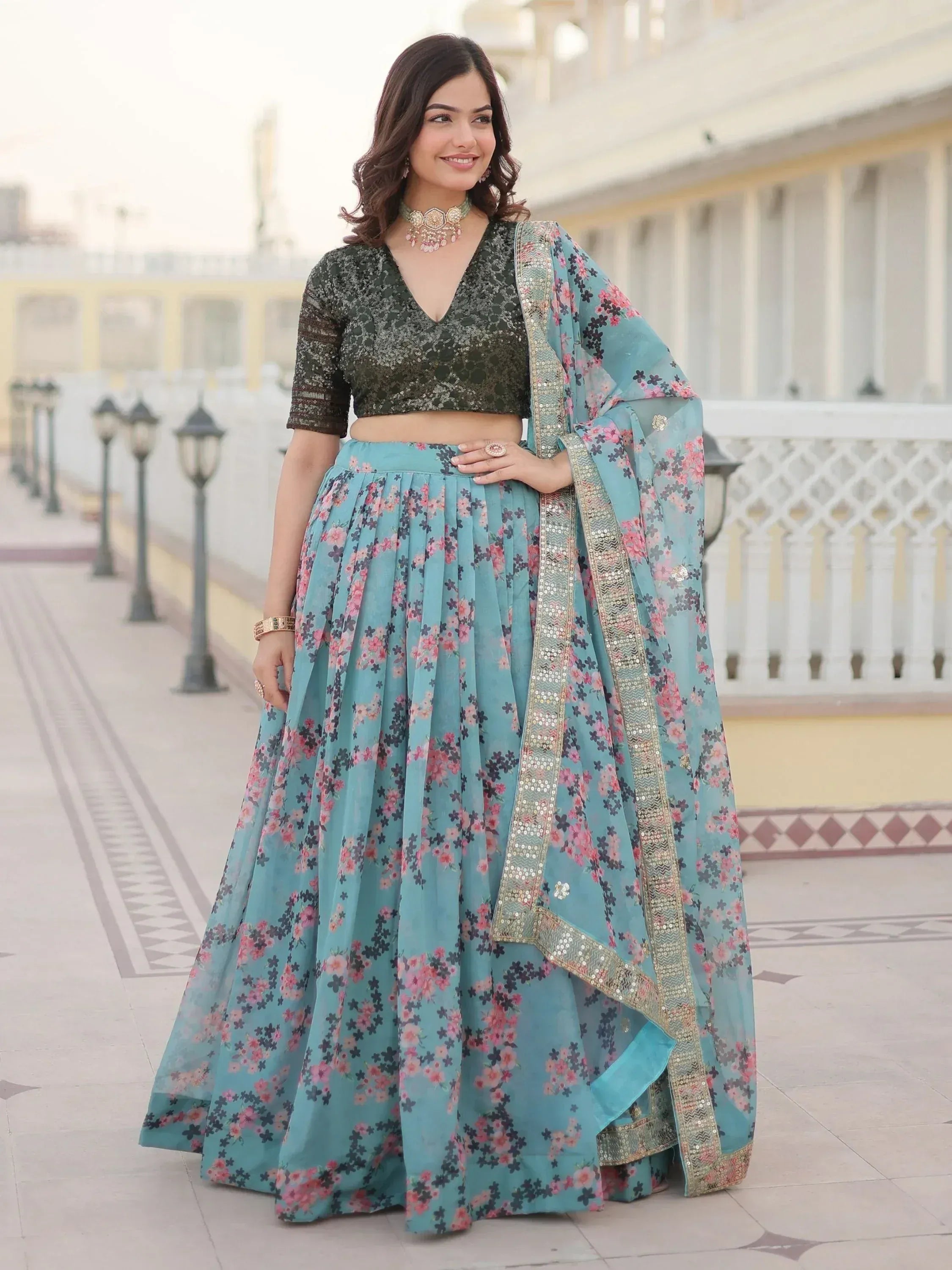 Floral print lehenga choli with sequin blouse, perfect for Indian ethnic wear occasions