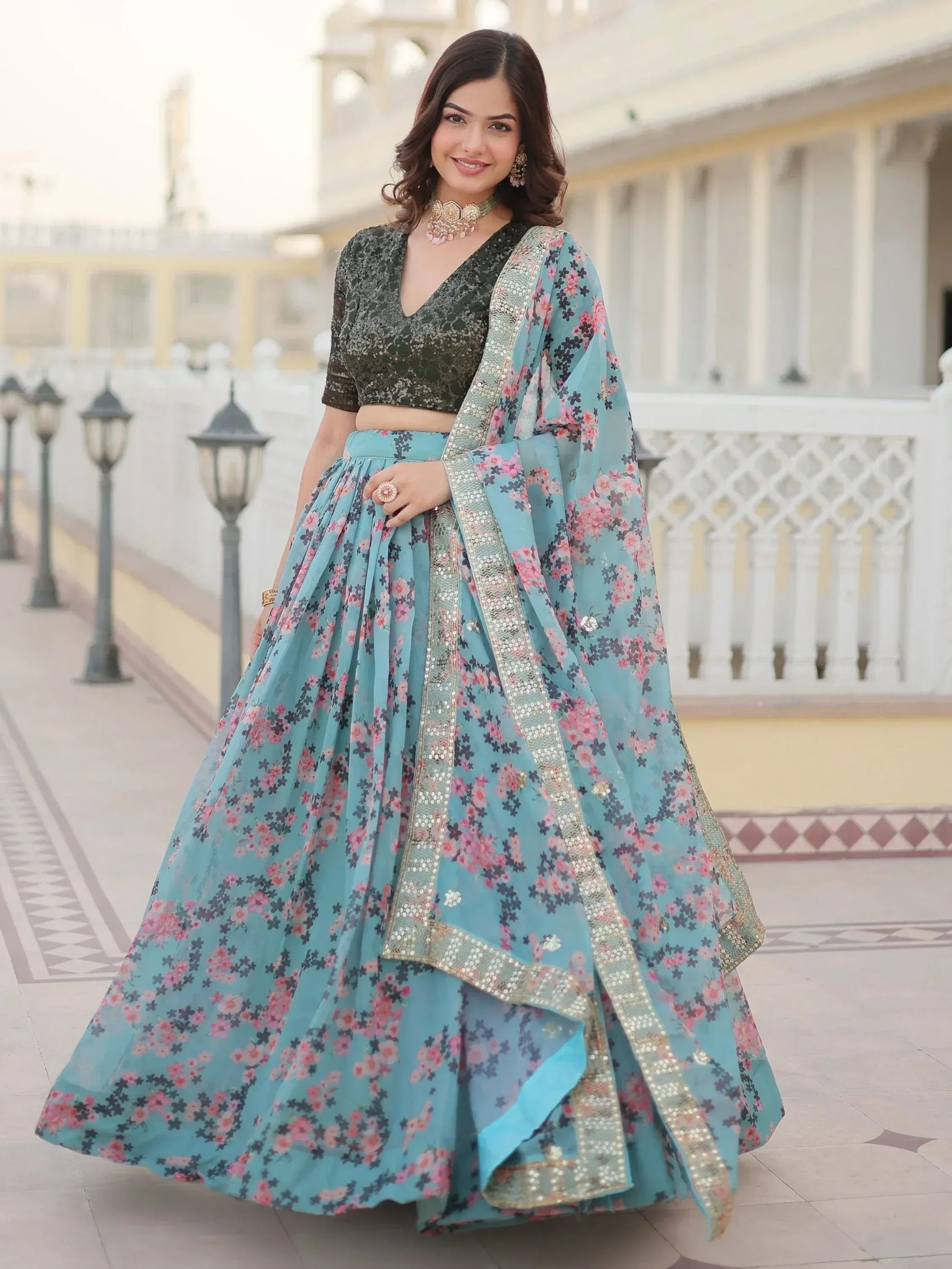Floral print lehenga choli with sequin border, perfect for Indian ethnic wear occasions