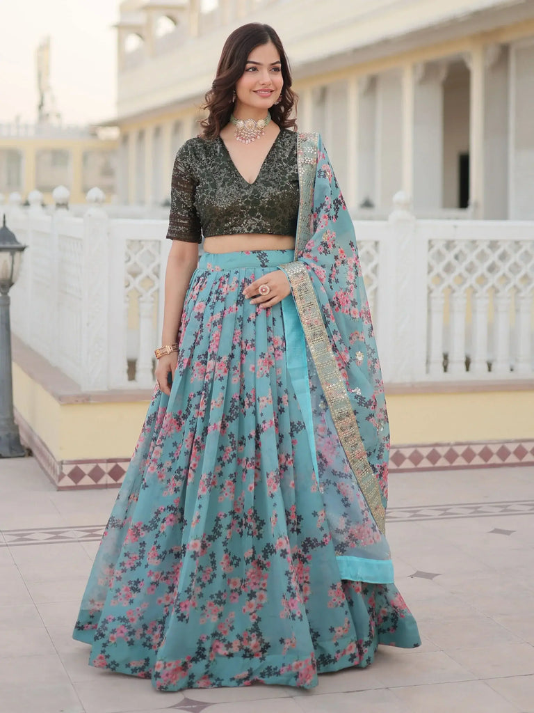 Marvelous Sky Blue Floral Printed Silk Sangeet Wear Lehenga Choli