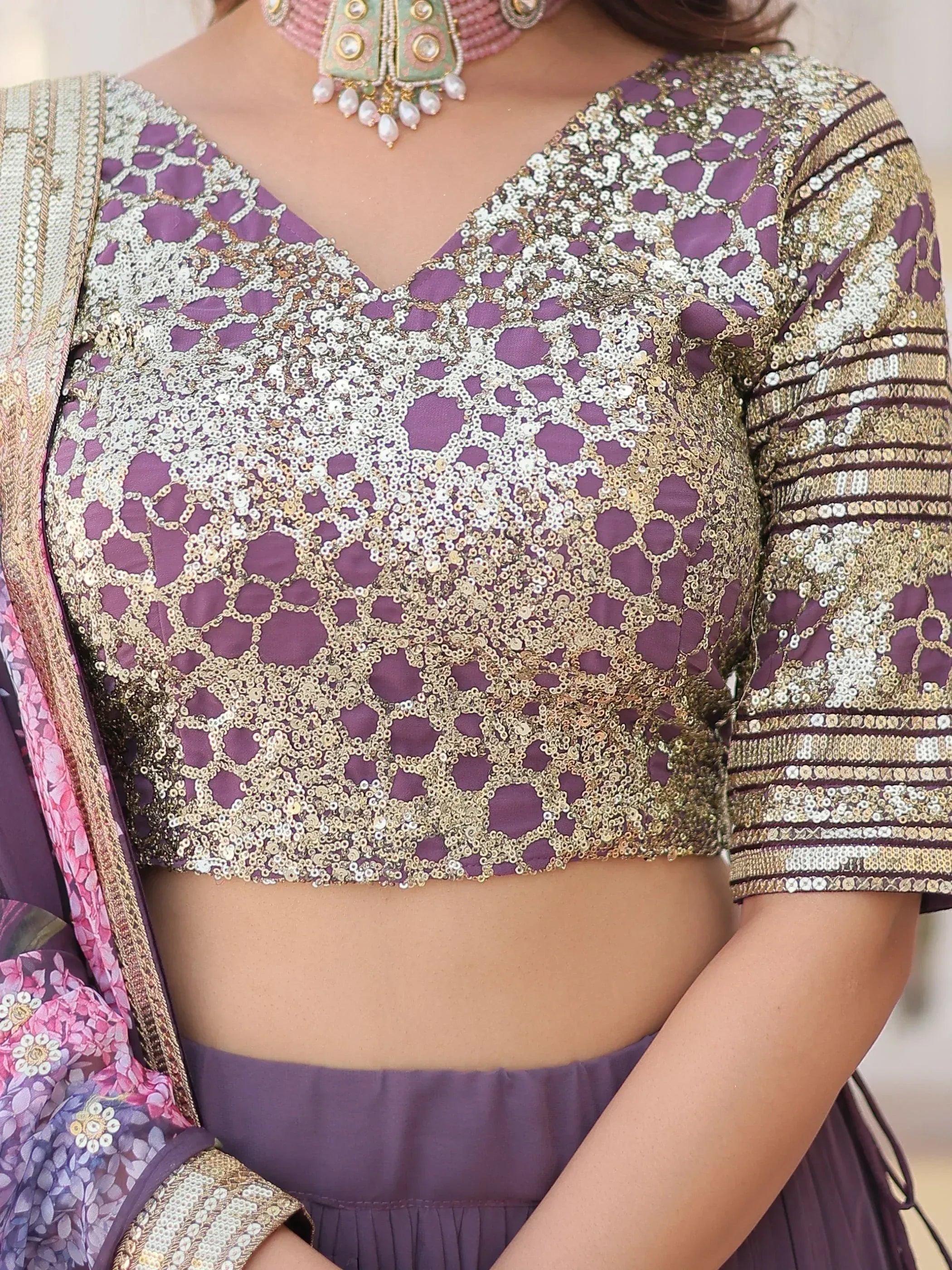 Purple and gold sequined ethnic blouse with intricate lace detailing and matching dupatta