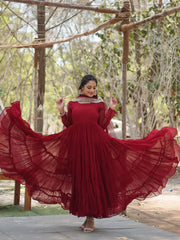 Glamorous Maroon Georgette Festival Wear Gown With Dupatta