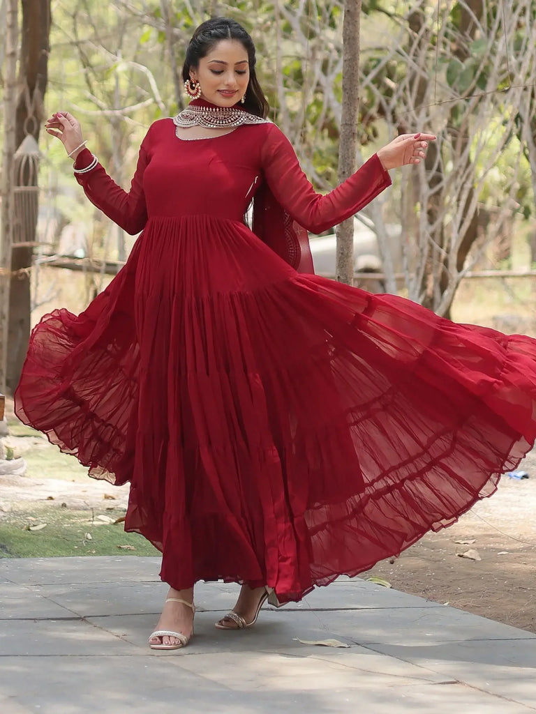 Glamorous Maroon Georgette Festival Wear Gown With Dupatta